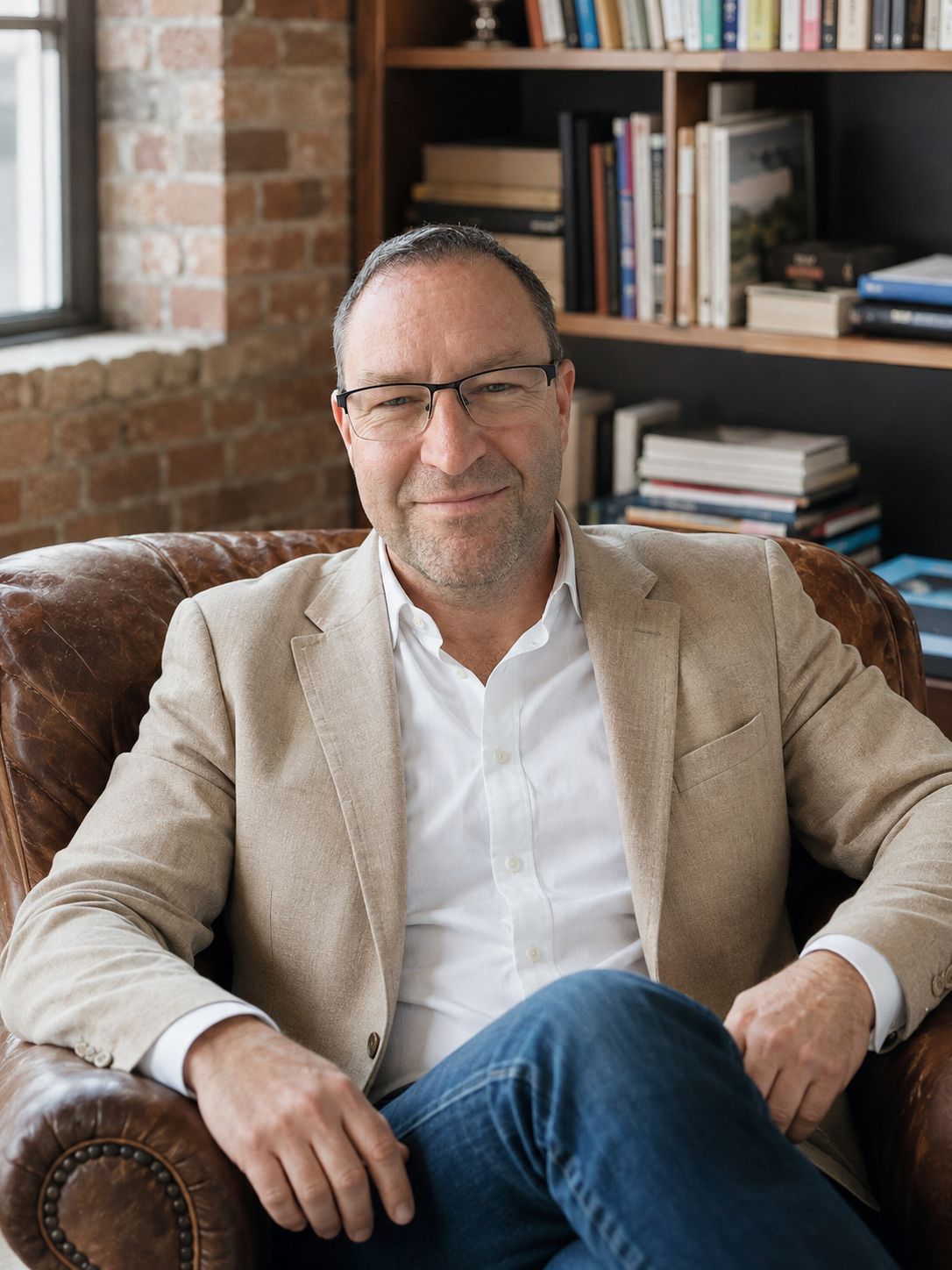 Forrest Andrew Jones seated in a brown leather armchair in front of a bookshelf, wearing a beige jacket, white shirt and jeans, with half rim glasses.